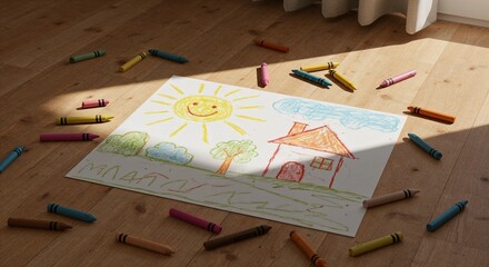 Children's Drawing of a House and Sun on Wooden Floor  