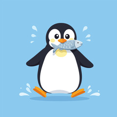 Naklejka premium Penguin Walking Holding Fish Simple Cartoon Illustration