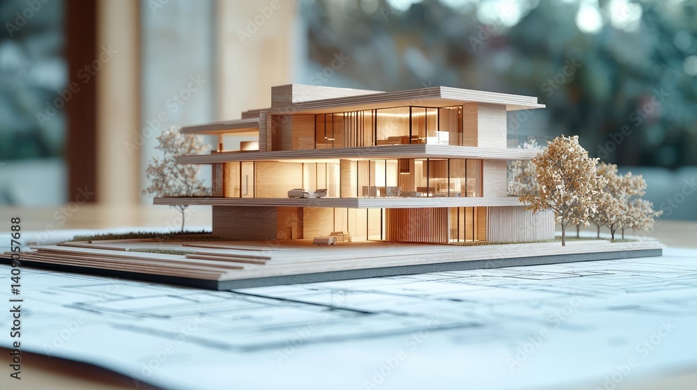 Poster Building house on blueprint under plan and architecture concept. Detailed architectural model of a contemporary house design.
