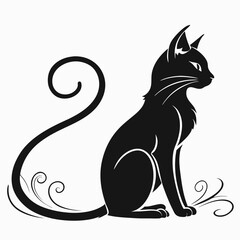 Elegant Black Cat Silhouette with Swirling Tail and Paw Details, Isolated on White
