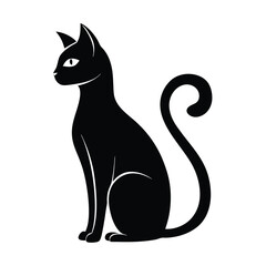 Elegant Black Cat Silhouette, Sitting Profile View, Stylish, Curled Tail, Isolated