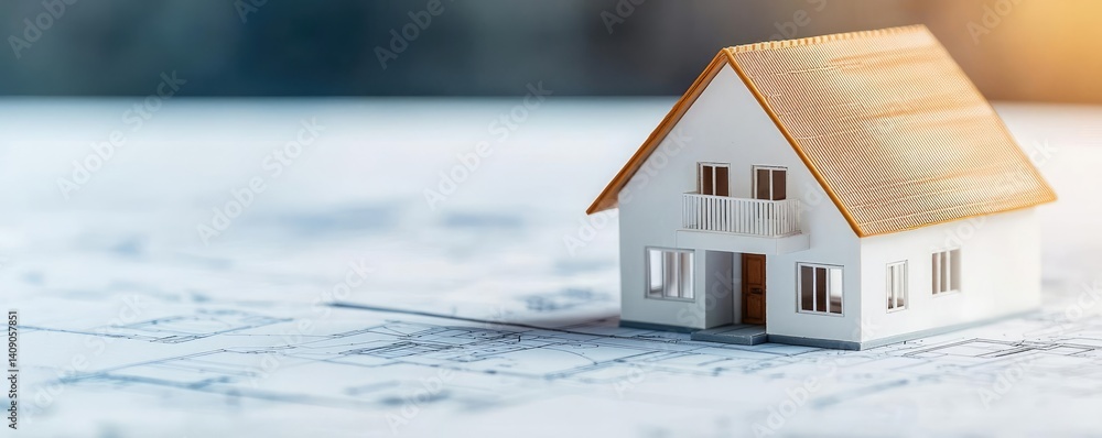 Poster building house on blueprint under plan and architecture concept. miniature house model on architectu