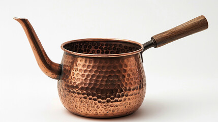 A copper Turkish butter melting pot with a curved spout and wooden grip handle, set alone on white.