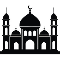 Elegant Mosque Emblem Vector – Islamic Badge Design with Crescent Moon, Domes, and Minarets for Eid and Ramadan