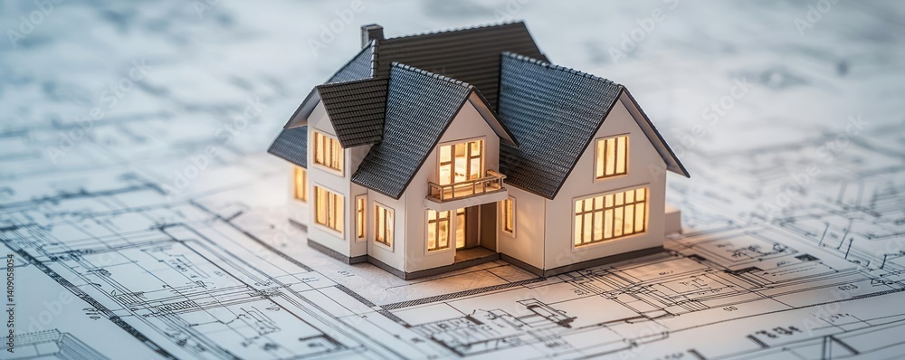 Poster Building house on blueprint with a focus on architecture and vignetting concept. Miniature house model on blueprints for architectural design project.