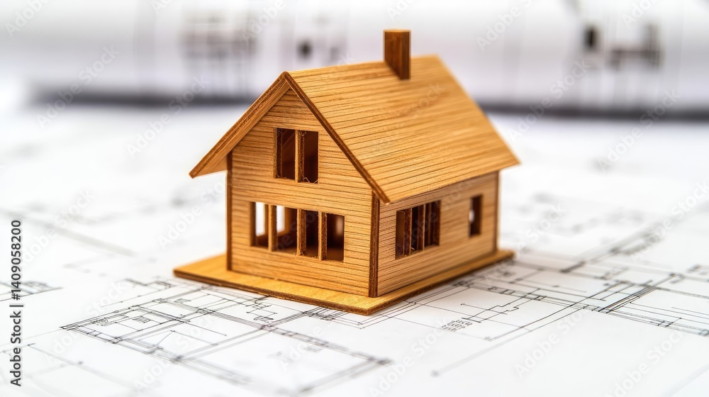 Poster building house on blueprint with vignetting and construction concept. wooden house model on blueprin