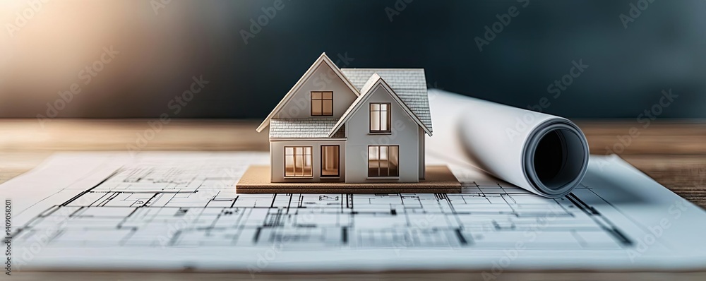 Aufkleber Building house on blueprint with a focus on architecture and vignetting concept. Architectural model house on blueprints representing design ideas.