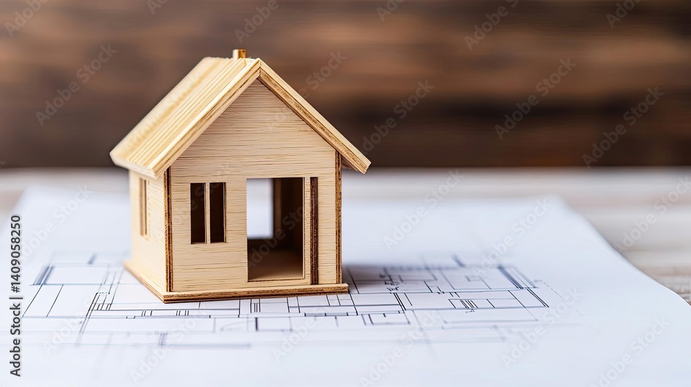 Poster Building house on blueprint with vignetting and construction concept. Wooden house model placed on architectural blueprints.