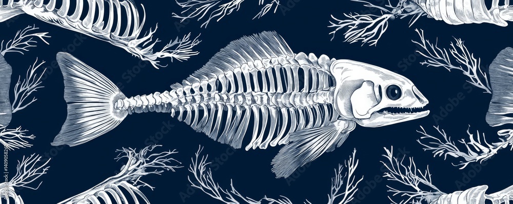 Poster the pattern on display is a white fish skeleton set against a dark teal background