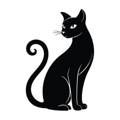 Elegant Black Cat Silhouette, Sitting Upright, White Background, Curled Tail, Stylish Look