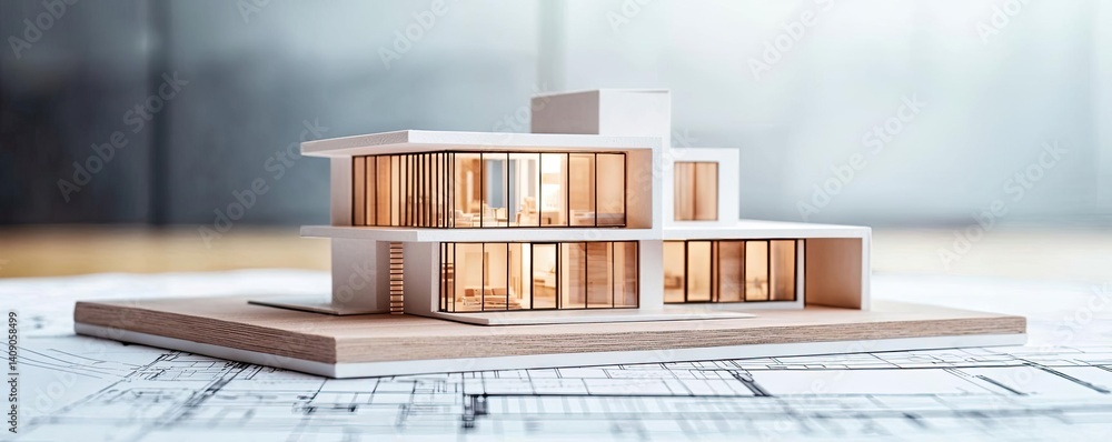 Poster Building house on blueprint under plan and architecture concept. A modern architectural model showcasing innovative design elements.