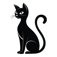 Elegant Black Cat Sitting Silhouette with Curled Tail and Sharp Whiskers Design