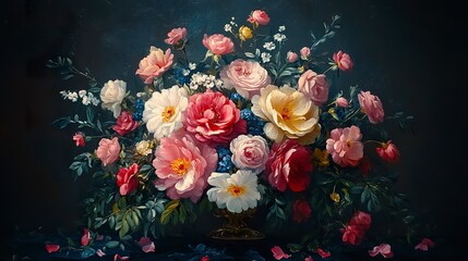 Baroque-inspired dark floral bouquet on black background, moody lighting, vintage oil painting style  