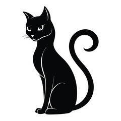 Elegant Black Cat Silhouette, Sitting, Curled Tail, Feline Design, Isolated on White
