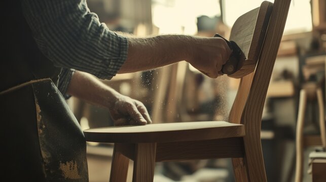 Carpenter sanding a wooden chair in a workshop. Featuring craftsmanship and focus