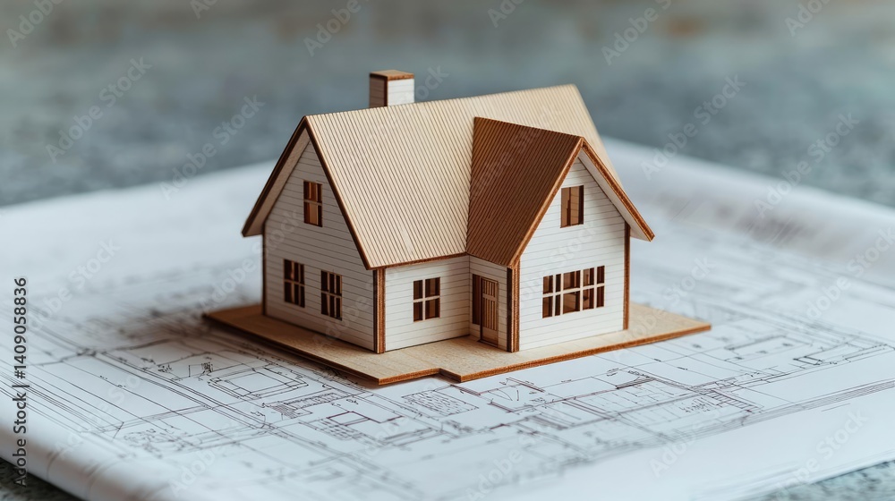 Aufkleber Building house on blueprint with a focus on architecture and vignetting concept. A wooden house model placed on architectural blueprints.