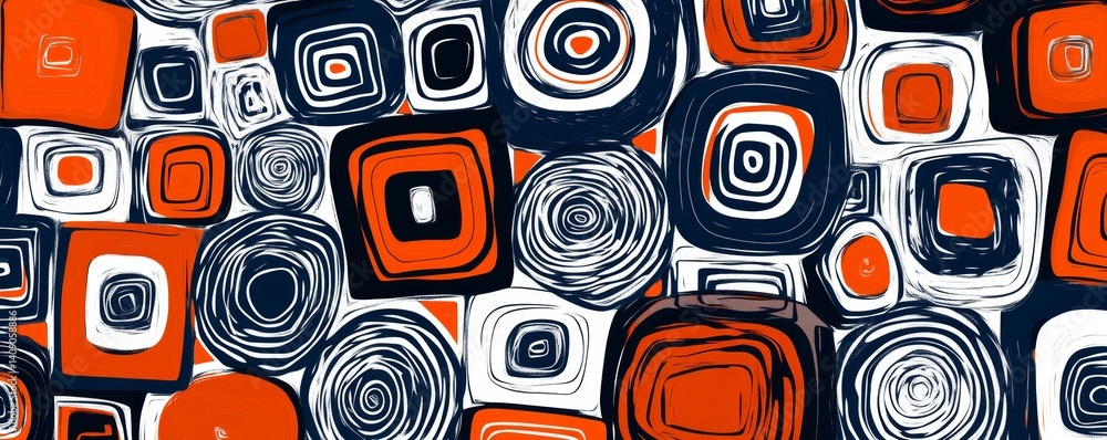 Poster an abstract pattern of dark blue and orange circles is set on a white background in a geometric desi