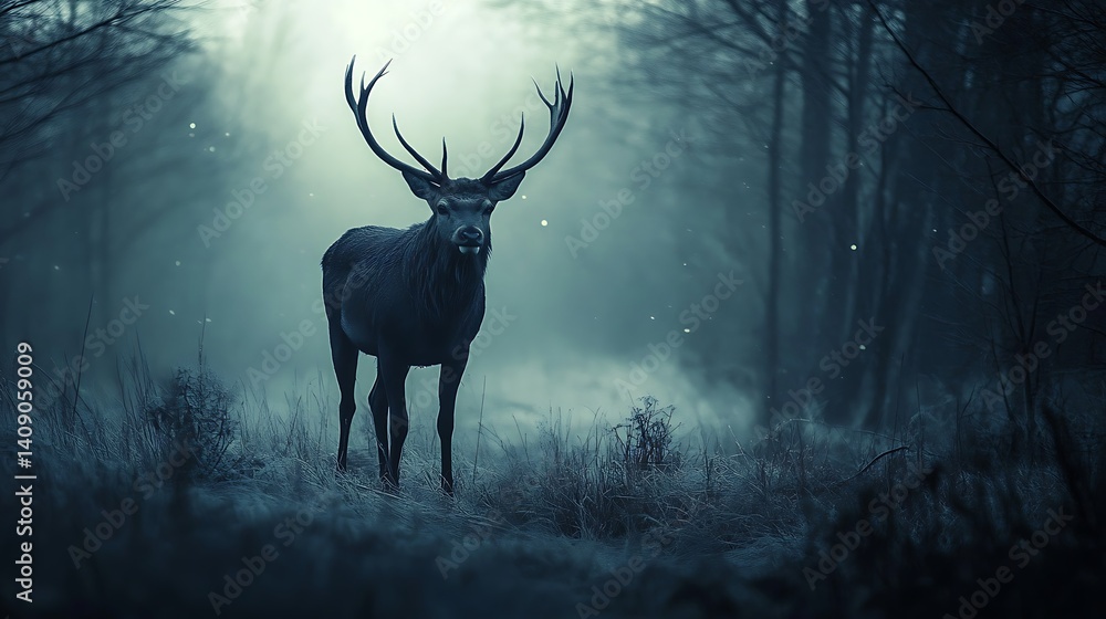 Poster pixelated deer standing in a misty forest illuminated by soft light and surrounded by trees