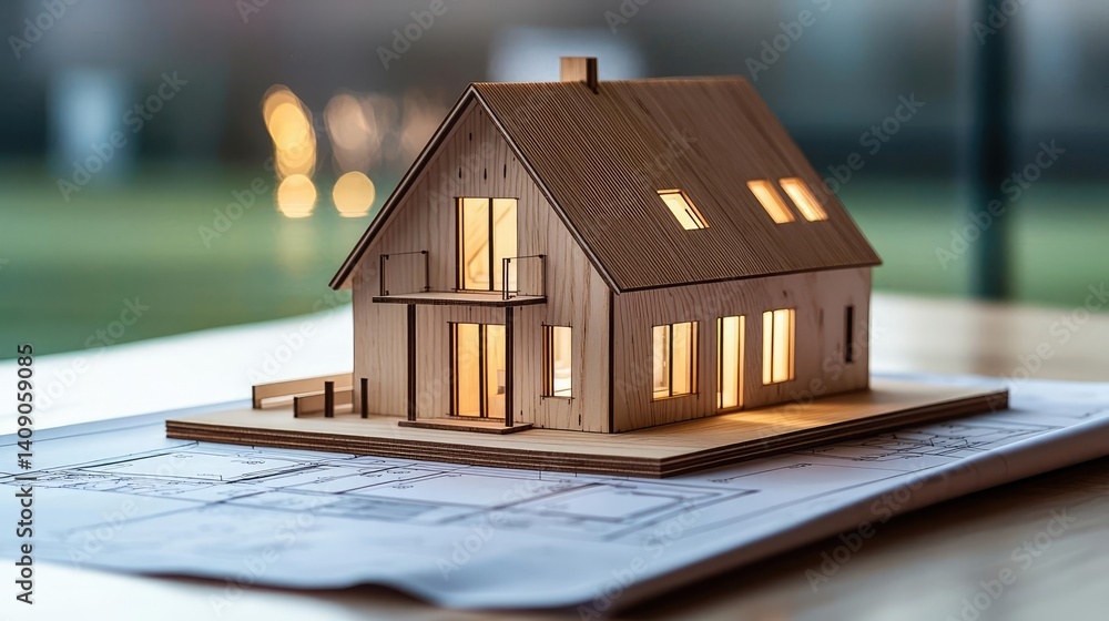 Poster building house on blueprint under plan and architecture concept. wooden model house with glowing lig