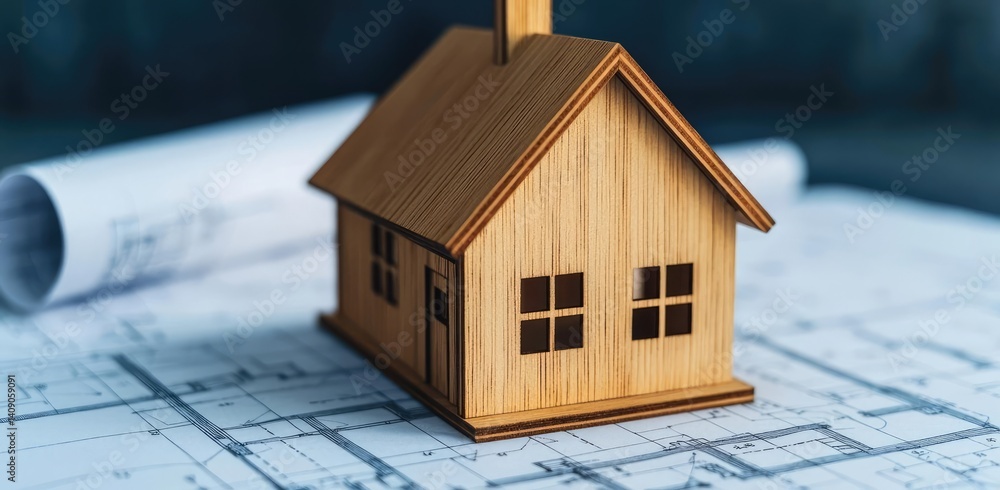 Poster Building house on blueprint with a focus on architecture and vignetting concept. Wooden model house on blueprints for architecture and design.