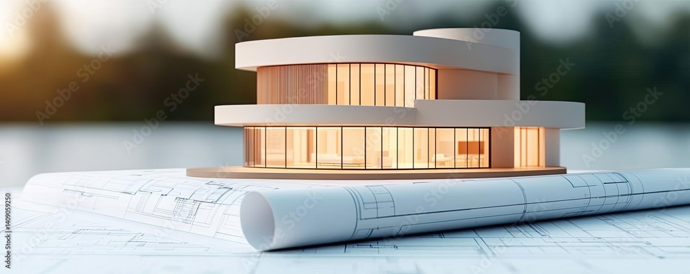 Poster Building house on blueprint under plan and architecture concept. Modern architectural model on blueprint showcasing innovative design.