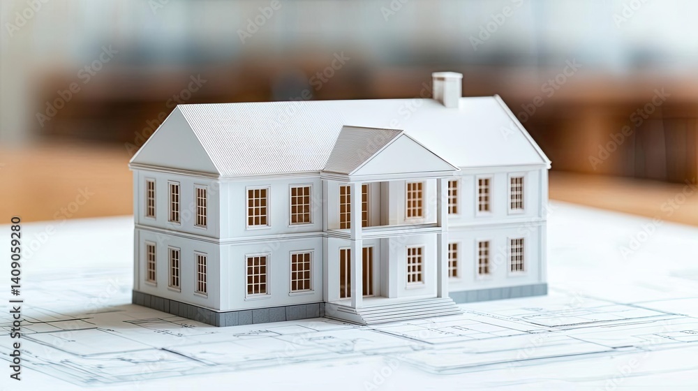 Poster Building house on blueprint with vignetting and construction concept. Detailed model of a modern house on architectural blueprint.