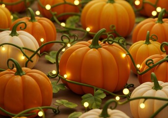 Vibrant Pumpkins Illuminated with Fairy Lights in a Patch  
