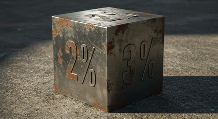 Metallic Cube with Percentage Symbols on a Textured Surface