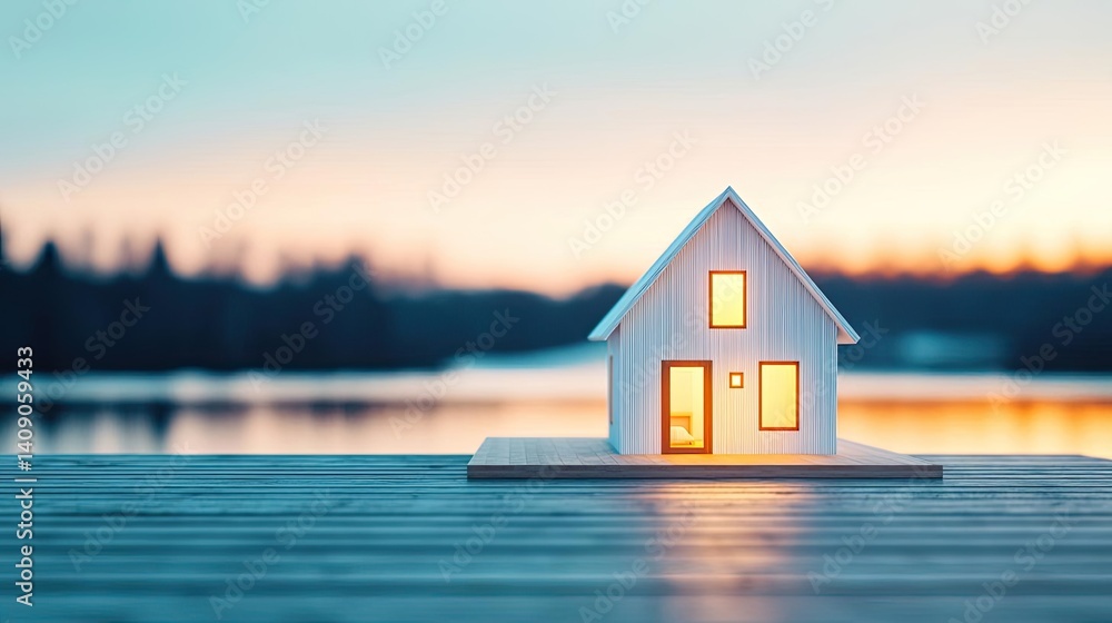 Poster Building house on blueprint with a focus on architecture and vignetting concept. Miniature house against beautiful sunset by the water.
