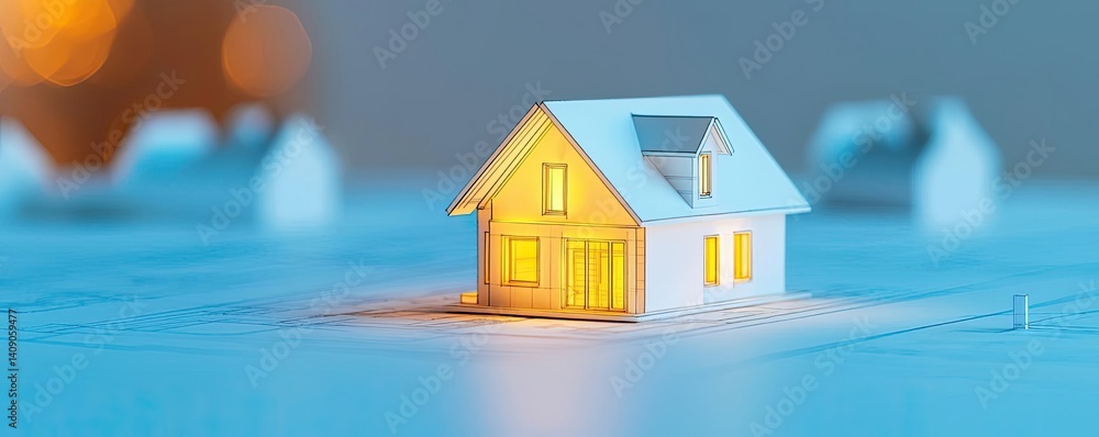 Poster building house on blueprint under plan and architecture concept. a cozy model home glowing warmly in