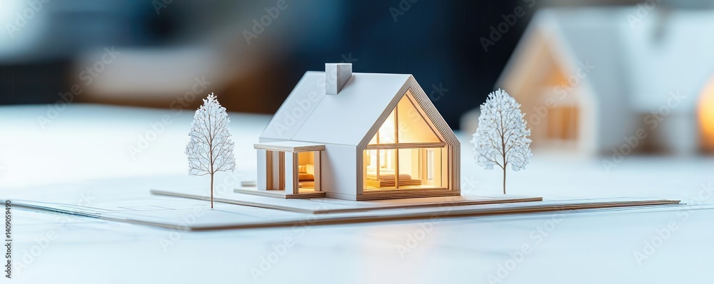 Poster Building house on blueprint under plan and architecture concept. A detailed model of a modern house showcasing architectural design.