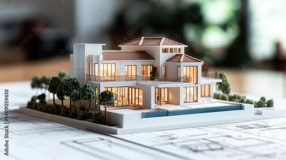 Poster Building house on blueprint with a focus on architecture and vignetting concept. Modern architectural model showcasing elegant design and aesthetics.