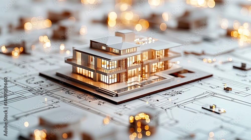 Poster Building house on blueprint with a focus on architecture and vignetting concept. A stunning model house displayed on architectural blueprints.