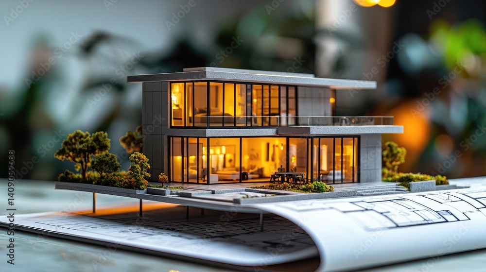 Poster Building house on blueprint with vignetting and construction concept. Detailed miniature house model with warm lighting and landscaping.