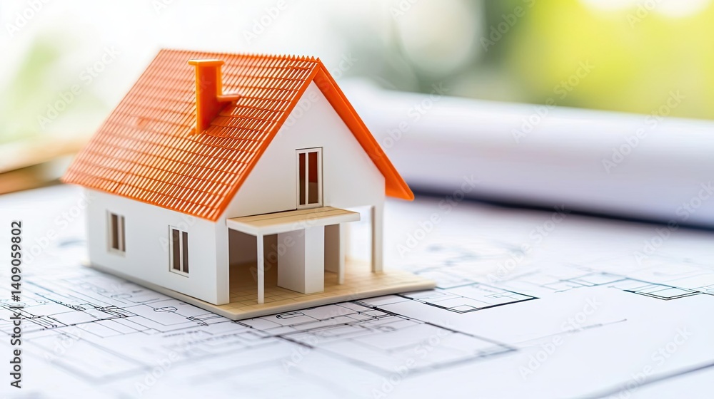 Poster Building house on blueprint with a focus on architecture and vignetting concept. A detailed model house on a blueprint for architectural design.