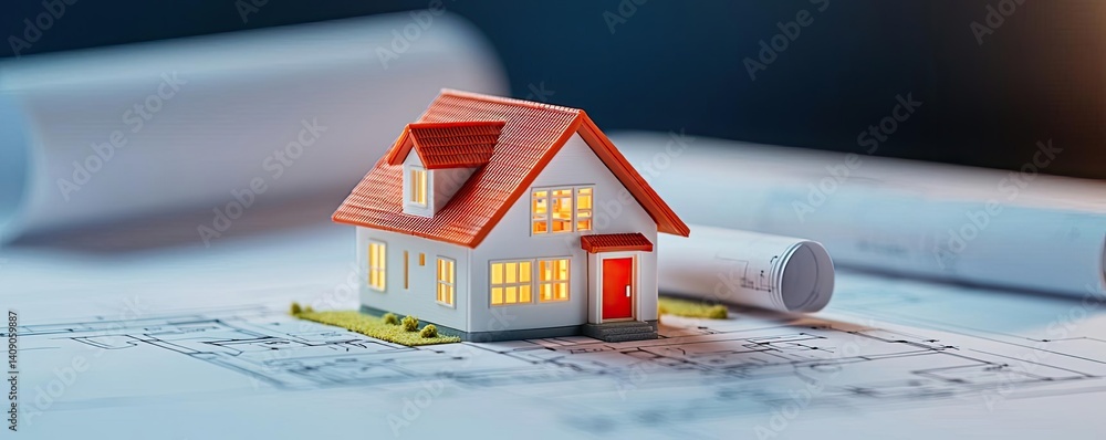 Aufkleber Building house on blueprint with vignetting and construction concept. A model house on blueprints representing home construction ideas.
