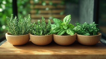 Vibrant Green Herb Garden: Rosemary, Thyme, Mint, and Oregano in Wooden Bowls