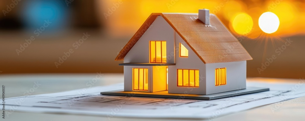 Poster building house on blueprint under plan and architecture concept. a detailed model house with warm li