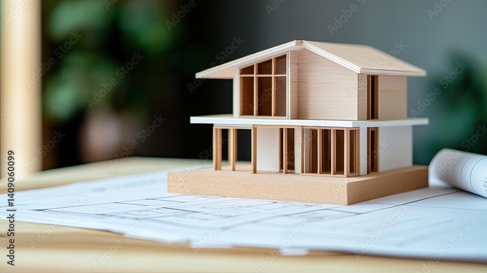 Aufkleber Building house on blueprint with a focus on architecture and vignetting concept. A wooden architectural model on design blueprints indoors.