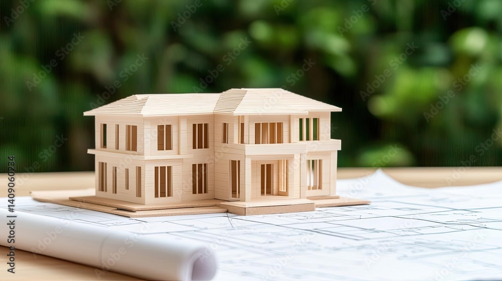 Poster Building house on blueprint with a focus on architecture and vignetting concept. A detailed wooden model of a house on architectural plans.