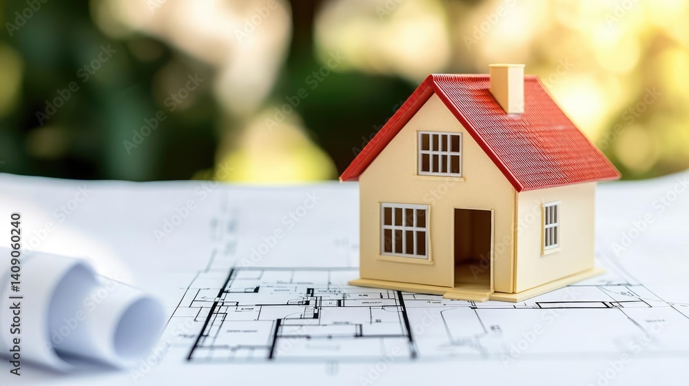 Poster Building house on blueprint under plan and architecture concept. A miniature house model on top of blueprints in natural light.