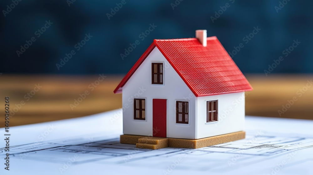 Poster Building house on blueprint under plan and architecture concept. Miniature house model on architectural blueprint background.