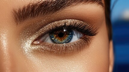 Obraz premium A close-up of a woman's eye adorned with shimmering gold eyeshadow.