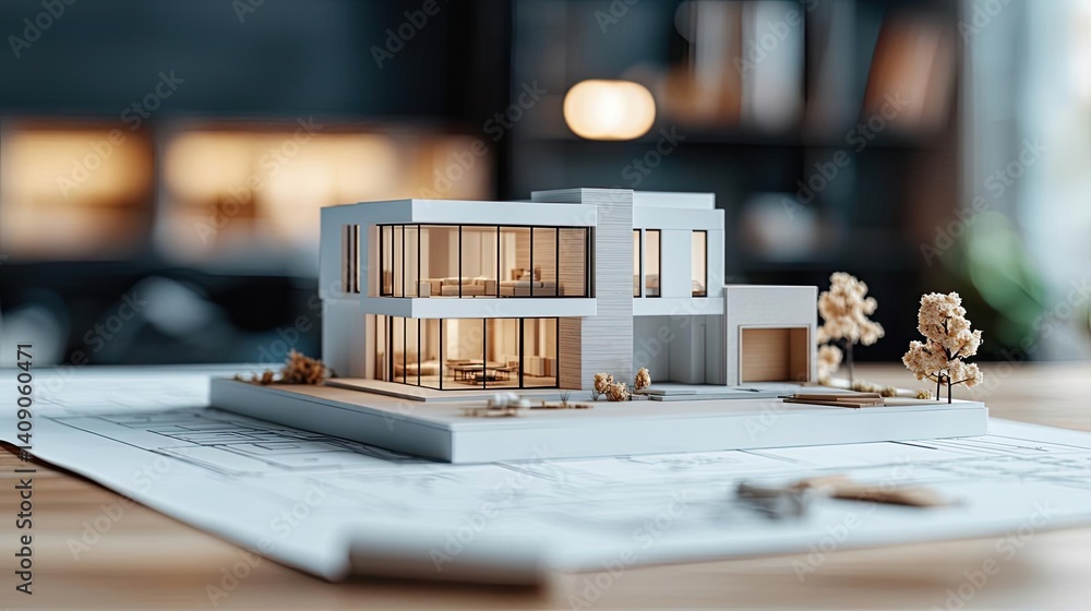 Poster building house on blueprint under plan and architecture concept. a detailed architectural model of a