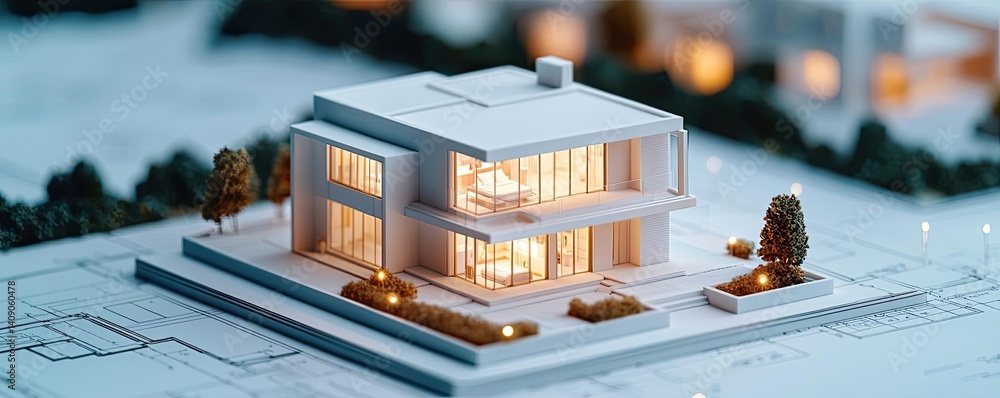 Aufkleber Building house on blueprint with a focus on architecture and vignetting concept. A detailed architectural model of a modern house with lighting.