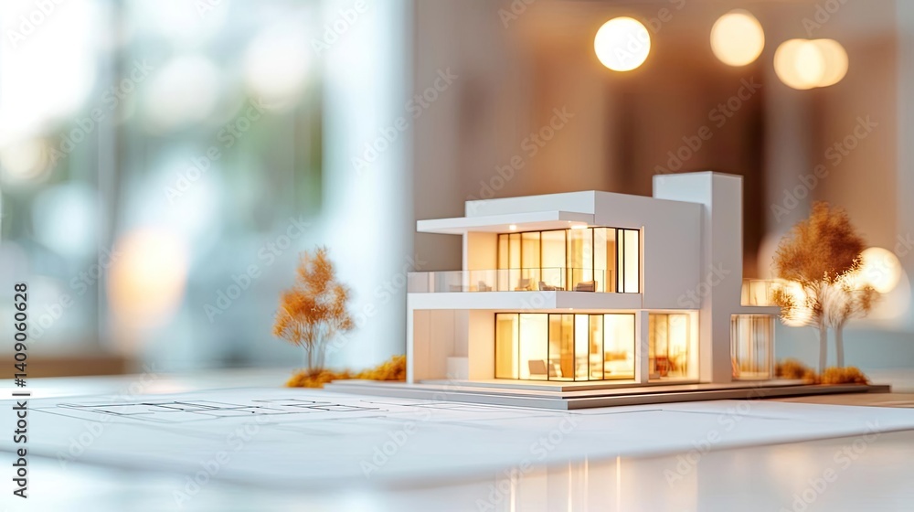 Aufkleber building house on blueprint under plan and architecture concept. modern architectural model showcasi