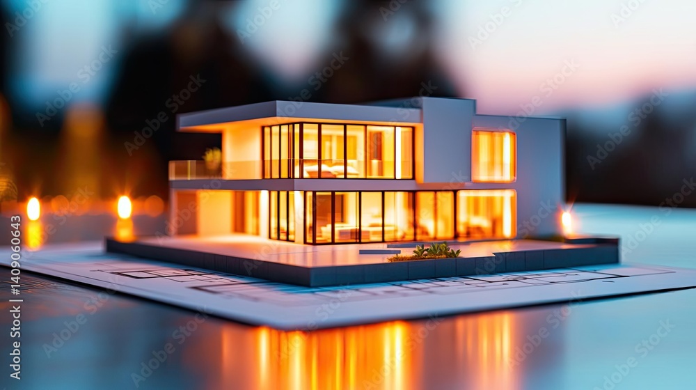 Leinwandbilder building house on blueprint under plan and architecture concept. a detailed model of a modern house 