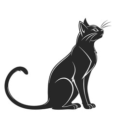 Elegant Silhouette of a Seated Black Cat Looking Upward with Curled Tail Design
