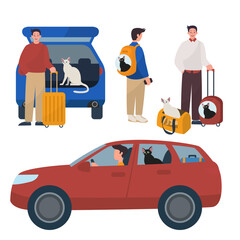 set of men traveling with their cats