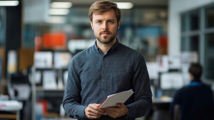 Confident young man stands in an office holding a notepad while looking at camera, representing productivity, work, and modern business environment